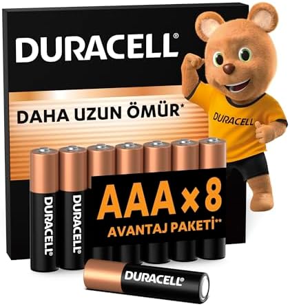 DURACELL BASIC AAA Alkalin İnce Kalem Pil (8'li Paket) – 1,5V – Daha Uzun Ömürlü – Günlük Cihazlar için Güvenilir Güç – Plastik İçermeyen Ambalaj - MN2400