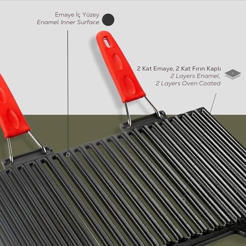 Metal Döküm Mangal Izgarası, Çift Silikon Kulplu, 40 x 25 x 0.7 cm