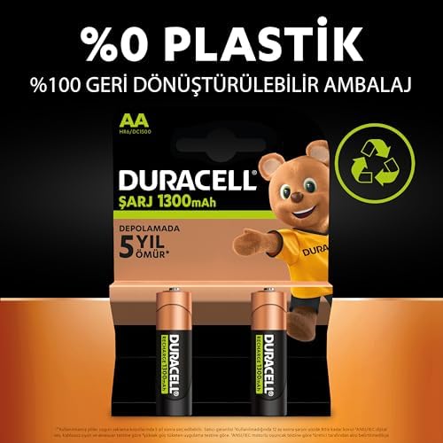 Şarj Edilebilir Pil AA Kalem (2'li Paket), 1300 mAh NiMH, 2000 Sarj Döngüsü, Önceden Sarj Edilmiştir