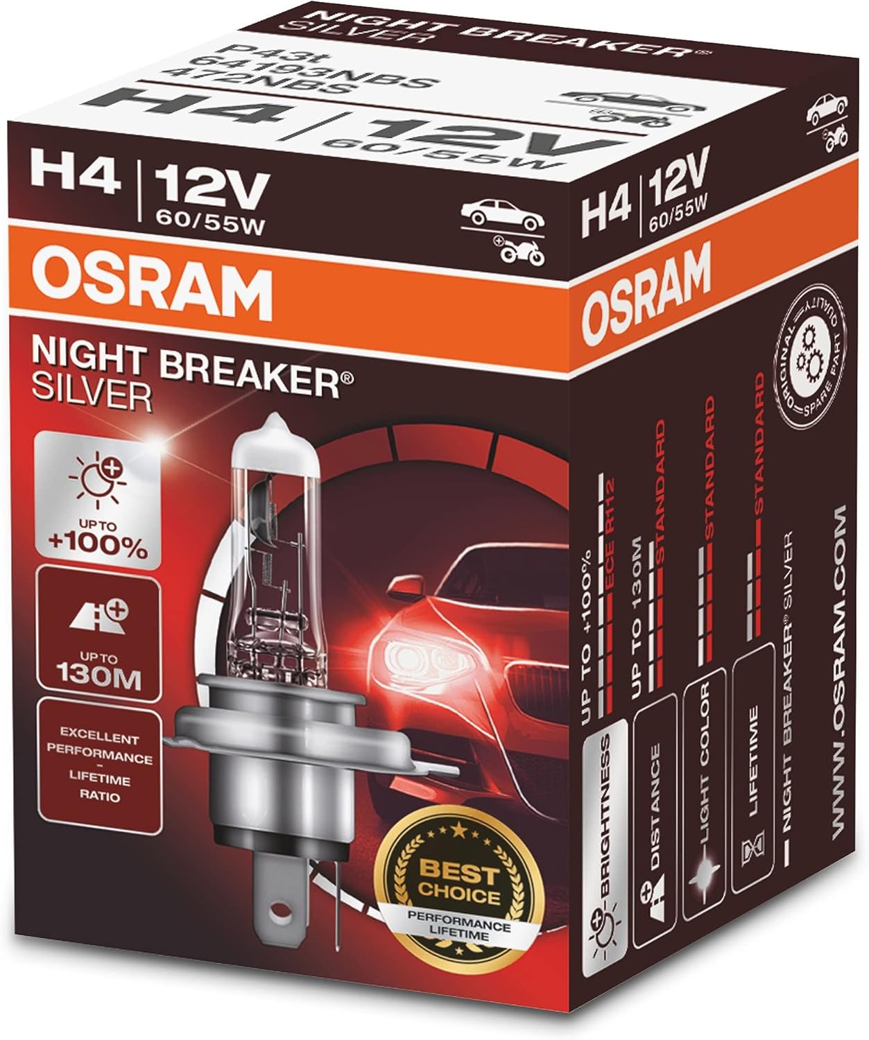 Ampul Night Breaker Silver H4 12V 60/55W%100'ye kadar Fazla Işık 130M'ye kadar Fazla Görüş Açısı 64193NBS [Enerji Sınıfı A]