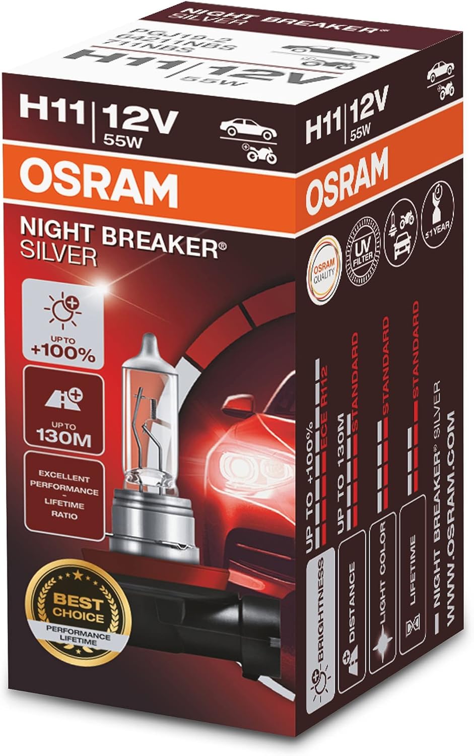 Ampul Night Breaker Laser H11 12V 55W%100'ye kadar Fazla Işık 130M'ye kadar Fazla Görüş Açısı 64211NBS