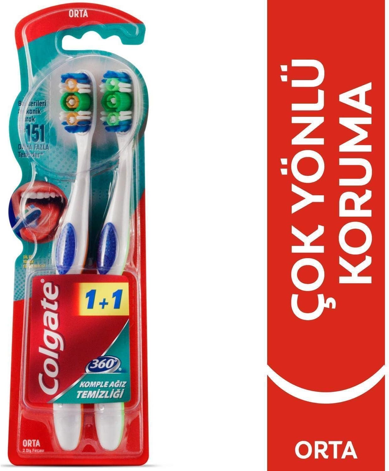 360 Komple Ağız Temizliği Çok Yönlü Koruma Orta Diş Fırçası 1+1