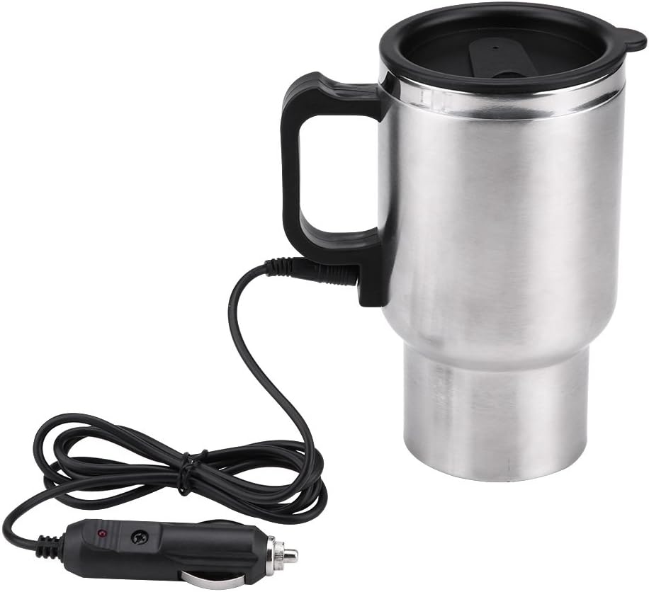 Taşınabilir Araba Su Isıtıcısı, Adaptörlü Elektrikli Isıtmalı Paslanmaz Çelik Kupası Kupası, Gümüş, 450ml