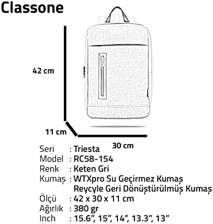 Triesta Serisi, RC58-154 Recycled Kumaş, 15.6 inch Uyumlu, Laptop, Notebook Sırt Çantası, Gri