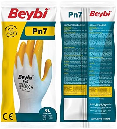 Beybi PN7 Polyester Örme Nitril Eldiven No 10, Çift, Beyaz Sarı