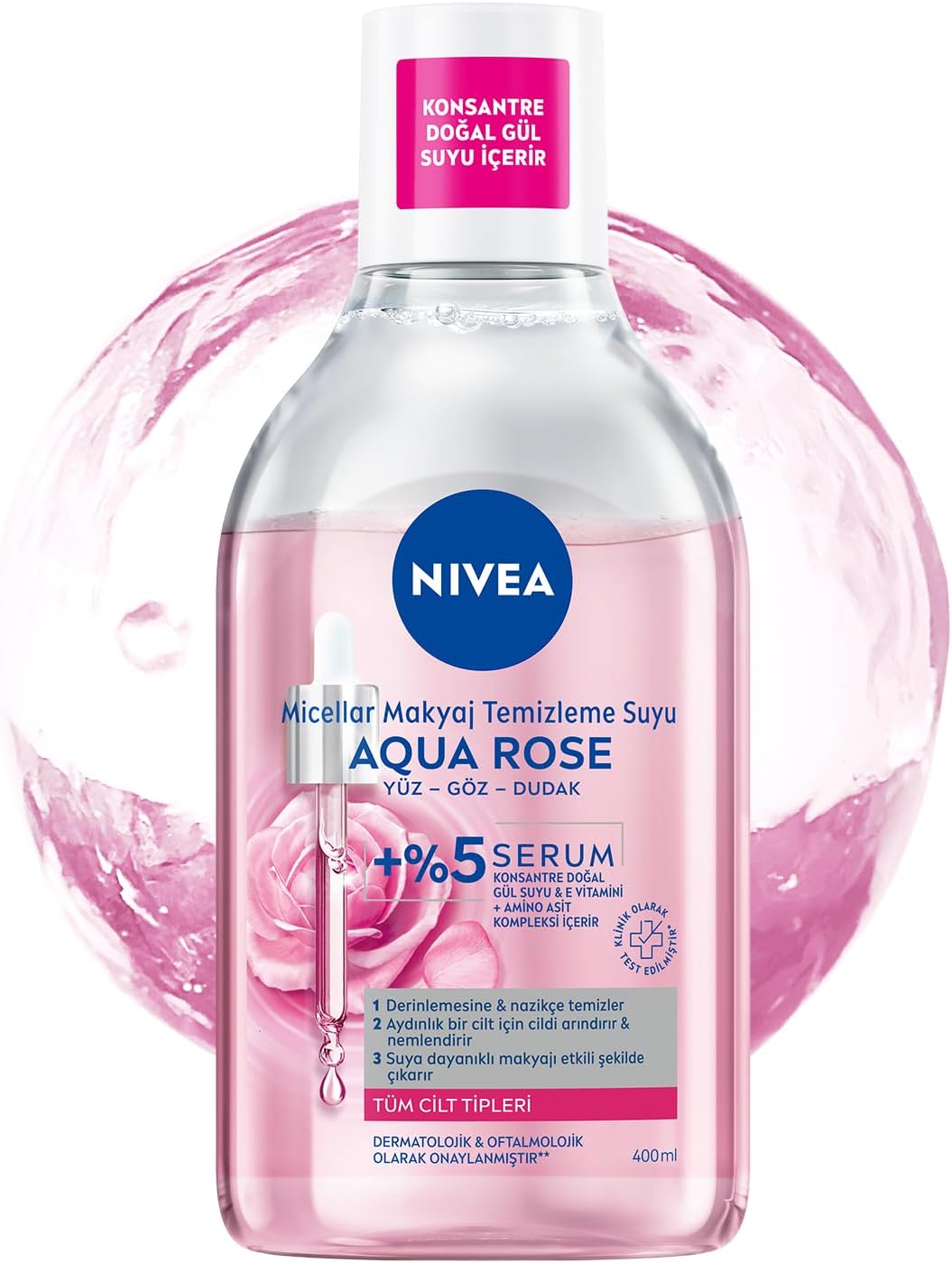 Alternative view of Aqua Rose Gül Suyu ve Serum İçeren Çift Fazlı Micellar Makyaj Temizleme Suyu 400ml,Yüz Göz Dudak, SPF Filtrelerini Temizler