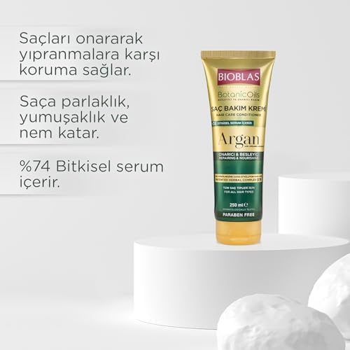 Bioblas Saç Dökülmesine Karşı Bakım Kremi – Argan Yağlı, Bitkisel Kompleks B19,%74 Bitkisel Serum, Onarıcı & Parlaklık Veren Saç Kremi, 250 ml
