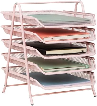 Reader Ağ Koleksiyonu Kağıt Rafı, 5 Katlı, Dosya Saklama, Çalışma Masası Düzenleyici, Metal Örgü, Metal, Pembe, 5 Katlı