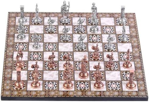 Orta Boy Metal Roma Satranç Takımı Antik ve Sedef Desenli MDF Ahşap Satranç Tahtası (37x37 cm.)