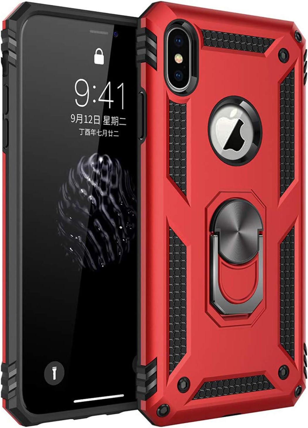 XS Max için Kılıf Military Ring Holder Kırmızı [ XS Max ile Uyumlu Kılıf - Kırmızı]
