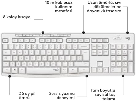 MK295 Sessiz Kablosuz Türkçe Klavye Mouse Seti Beyaz