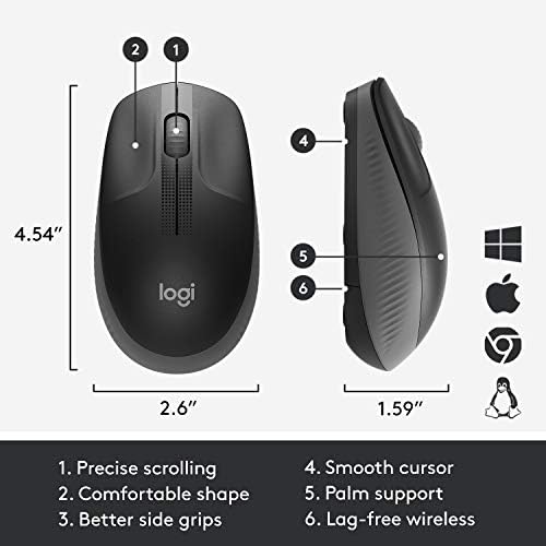 Alternative view of M190 kablosuz fare, iki elle kullanım için kavisli tasarım, 18 ay pil ömrü artı güç tasarrufu modu, USB alıcısı, geniş tekerlek sayesinde hassas kontrol, tuşlar, siyah