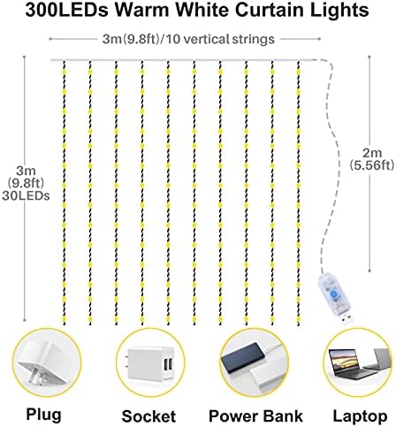 Yizhet Işık perdesi, 3 x 3 m, LED ışık zinciri, perde, 8 modlu, IP65 su geçirmez, iç ve dış mekan dekorasyonu, düğün, parti,, teras için (300 LED, sıcak beyaz)