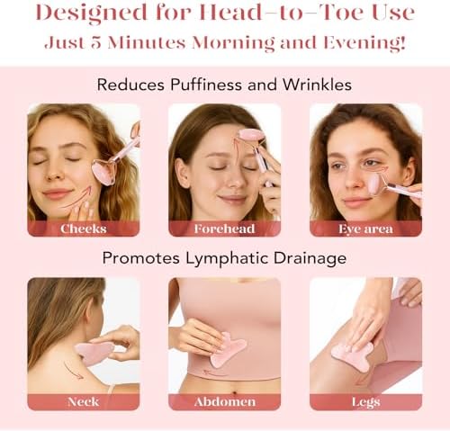 BAIMEI Çift Taraflı Cilt Masaj Aleti Rose Quartz Roller & Gua Sha Set Kutusu ve kesesi ile