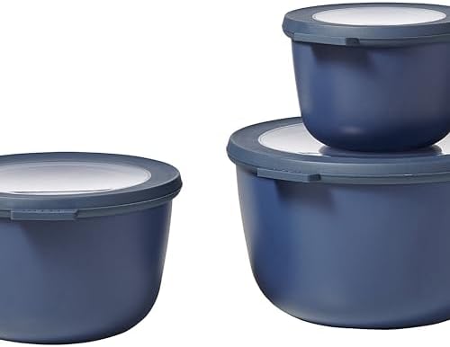 - Çok amaçlı Cirqula Round 3 parçalı set – kapaklı saklama kabı – saklama kutusu, buzdolabı, derin dondurucu ve mikrodalga fırın kabı olarak uygundur – 500 ml, 1000 ml & 2000 ml – Denim