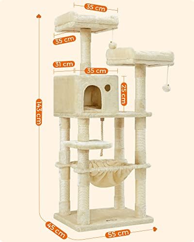 Feandrea PCT15BE tırmalama ağacı, 143 cm yüksekliğinde, 11 tırmalama sütunlu kedi ağacı, 2 platform, 1 kedi mağarası, 1 hamak, 2 pelüş top, pelüş, çok katlı tasarım, bej
