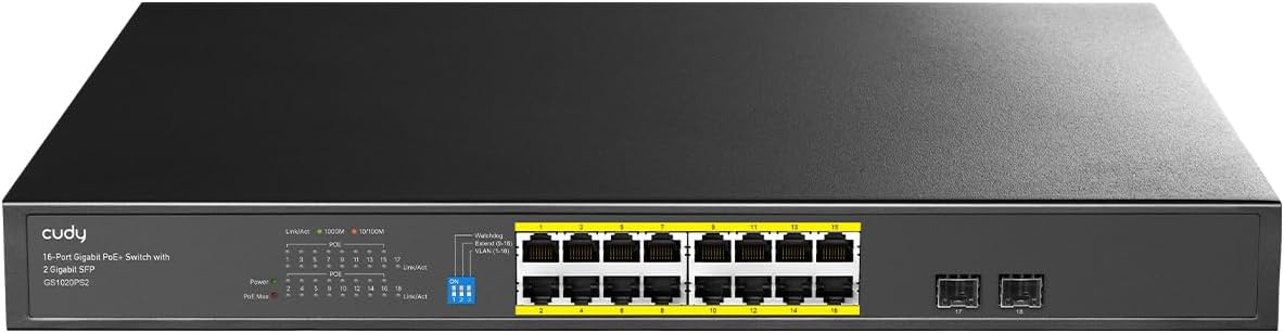 Cudy GS1020PS2 16 Port Gigabit 200W 250m PoE+, Gigabit SFP, CCTV, VLAN Metal Switch