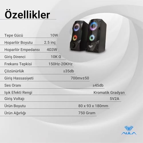 Aula N-301 10W Masaüstü RGB Gaming Oyuncu PC 1+1 Speaker Hoparlör