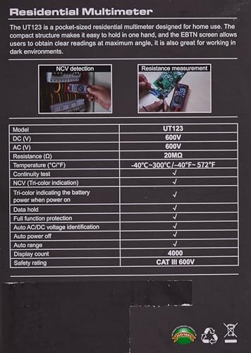 UT123T cep ölçüm cihazı, 600 V AC/DC, -40 °C-300 °C/-40°F-572 °F
