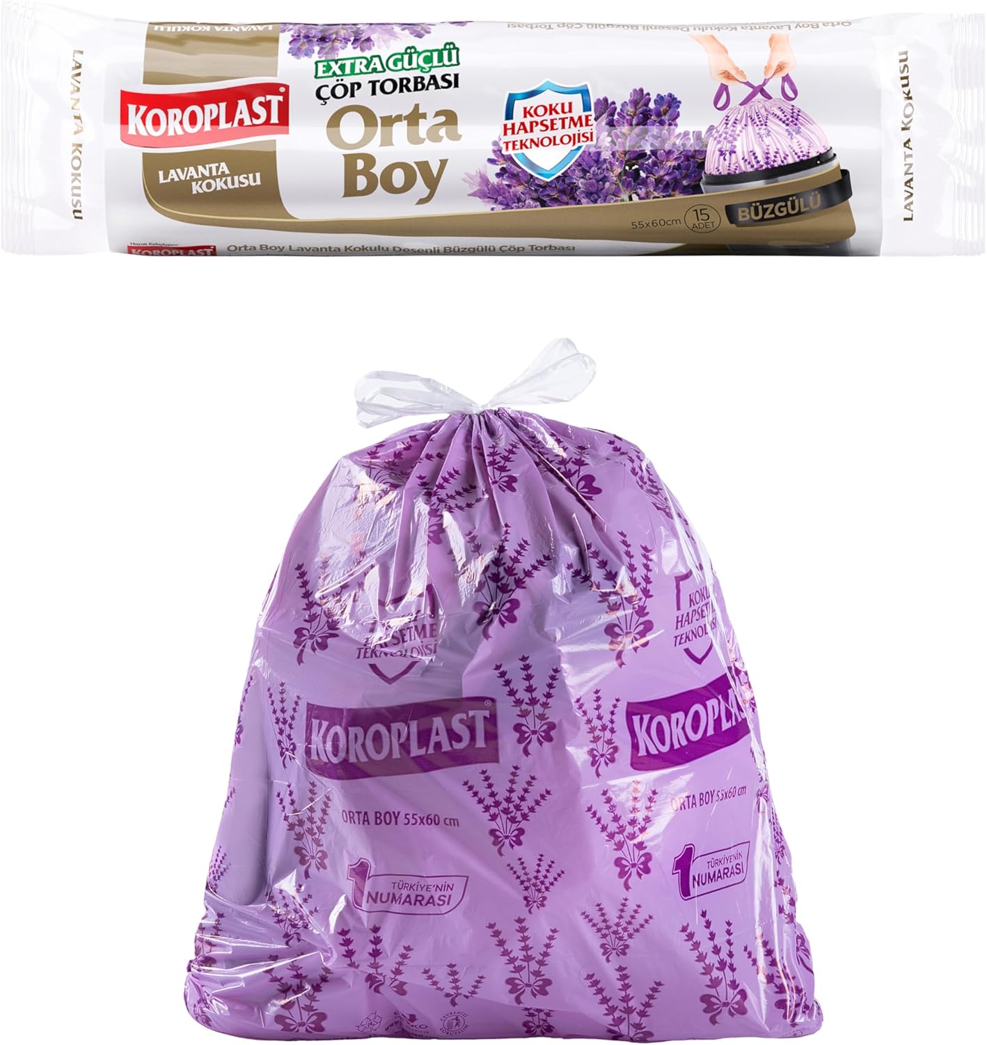 Lavanta Kokulu Orta Boy Büzgülü Çöp Poşeti 15'li 55x60 cm, Kolay Bağlanır Kokulu Büzgülü Orta Boy Çöp Torbası, Sızdırmaz, Yırtılmaz, Geri Dönüştürülebilir Atık Torba, Ekstra Güçlü Çöp Poşeti