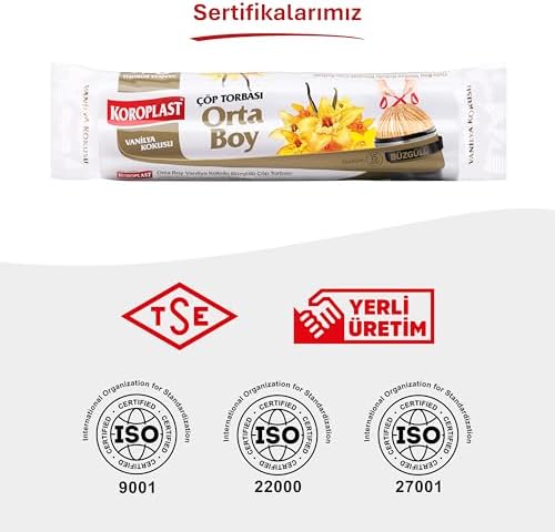 Vanilya Kokulu Orta Boy Büzgülü Çöp Poşeti 15'li 55x60 cm, Kolay Bağlanır Kokulu Büzgülü Orta Boy Çöp Torbası, Sızdırmaz, Yırtılmaz, Geri Dönüştürülebilir Atık Torbası, Güçlü Çöp Poşeti
