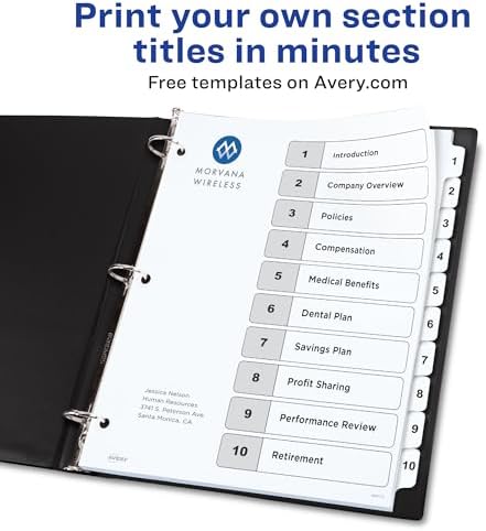 3 halkalı klasör için 10 bölmeli ayırıcı, özelleştirilebilir içerik tablosu, klasik beyaz sekmeler, 6 set (11823)