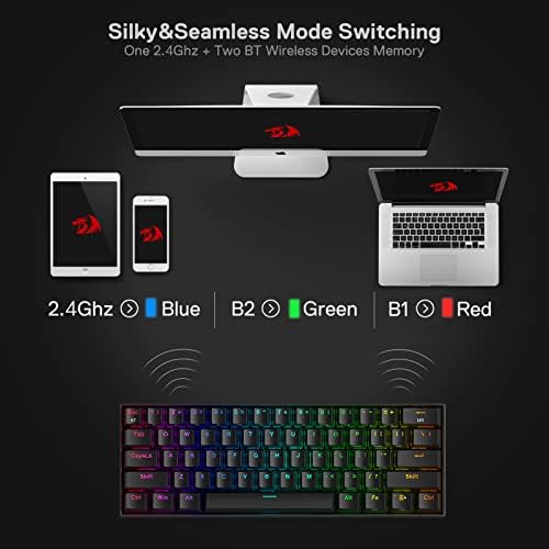 Redragon K530 Pro Draconic%60 BT Türkçe Q Klavye/Kablolu / 2,4 GHz Kablosuz Mekanik, 61 Tuş, Hot-Swap Özellikli RGB Oyun Klavyesi, Dokunsal Kahverengi Anahtarlı, Windows/Mac/ için