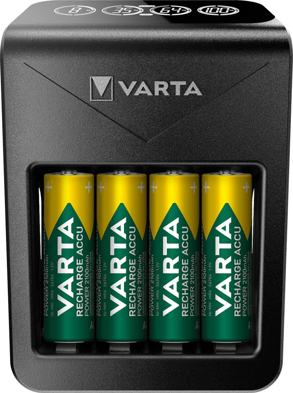 Akü şarj cihazı, 4 x AA 2100 mAh dahil, şarj edilebilir AA/AAA/9V ve USB cihazlar için, LCD Plug Charger+, tek yuvalı şarj, siyah