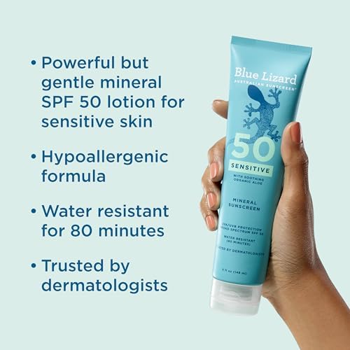 BLUE LIZARD Çinko Oksit ile Hassas Mineral Güneş Koruyucu 50+ Suya Dayanıklı UVAUVB Koruması Akıllı Kapak Teknolojisi ile Kokusuz, Hassas, SPF 50 - - Tüp, Kokusuz, 5 Fl Oz