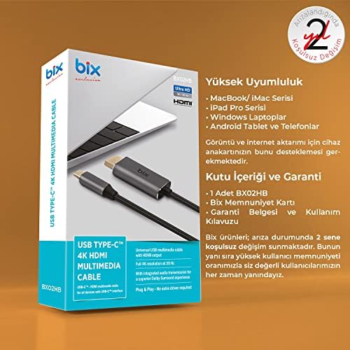 Alternative view of Bix BX02HB USB-C to 4K@30Hz HDMI Kablo 1.8 metre Windows Mac Uyumlu HDCP Destekli Gri