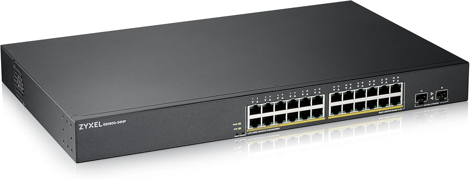 Alternative view of 24-Port 10/100/1000 Gigabit PoE Switch | Smartmanaged | Rack Mount | 24 PoE + Port | 170 Watt | 2 SFP Port | VLAN, IGMP, QoS [GS1900-24HP]