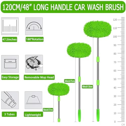 WillingHeart 47.5" Araba Yıkama Fırçası Paspas Temizleme Aleti Uzun Saplı Yıkama Detaylandırma Kiti Arabalar Kamyon, SUV, RV, Römork, Tekne 2'si 1 Arada Şönil Mikrofiber Sünger Silgi Boyaya Zarar Vermez Çiziksiz