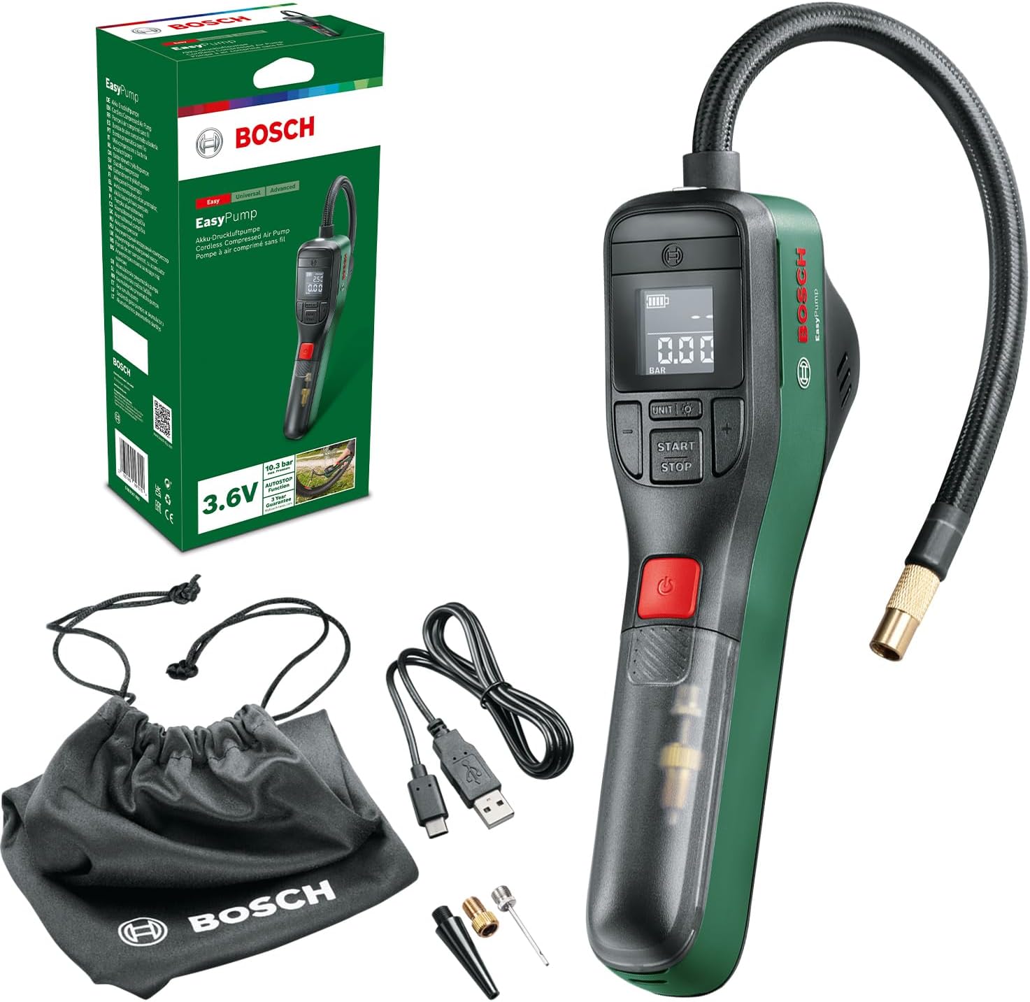 Alternative view of and Easypump Elektrikli Hava Pompası Mini Kompresör, 3.0 Ah Akü, 3.6 V, Otomatik Durdurma Fonksiyonu, 150 Psi, 10.3 Bar, Led, Usb-C Şarj, Yeşil