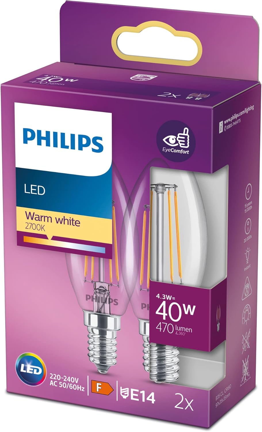 Alternative view of LED 40W B35 Led Mum Filament Ampul, 2700K Beyaz Işık, E14 İnce Duy, Dim Edilmez, 2'li Ekopaket