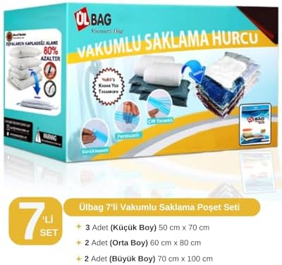 7'li Vakumlu Poşet Seti (3 L + 2 XL + 2) Vakumlu Torba, Vakumlu Hurç