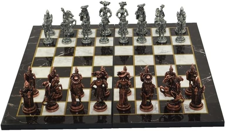 Gifthome, Metal Satranç Takımı/Seti; Battal,İspanyol,Antik, Kat.Mermer Desenli Satranç Tahtası