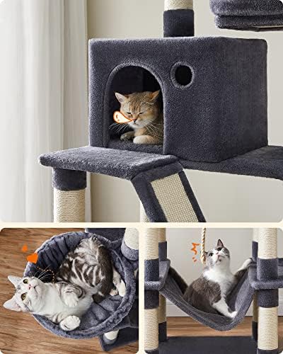 FEANDREA Kedi Ağacı, Büyük Oyun Kulesi, Yükseklik 206 cm, 13 Çizik Tahtası, 1 Çizik Tahtası, 2 Platform, 2 Niş, Sepet, Hamak, Pompon, Peluş Kumaş, Çok Seviyeli Koyu Gri