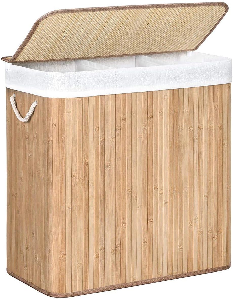 çamaşır sepeti, çamaşır toplayıcı, bambudan yapılmış, kulplu çamaşır sandığı, 3 bölme, klipsli kapak, 150 L, katlanabilir, çamaşır odası, yatak odası, banyo, doğal renk LCB091N01