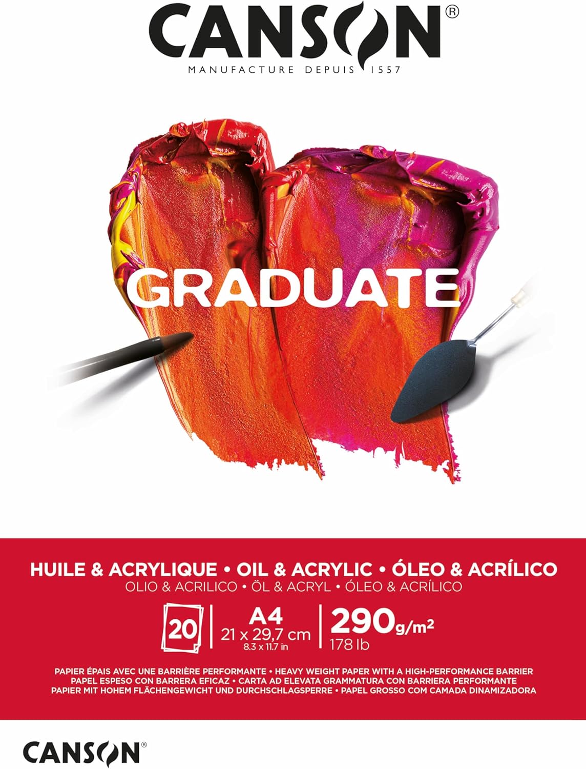 CANSON Graduate, yağlı ve akrilik boya kağıdı, hafif pürüzlü yüzey, 290 g/m², kısa kenarda yapıştırılmış blok, DIN A4 21 x 29,7 cm, doğal beyaz, 20 yaprak