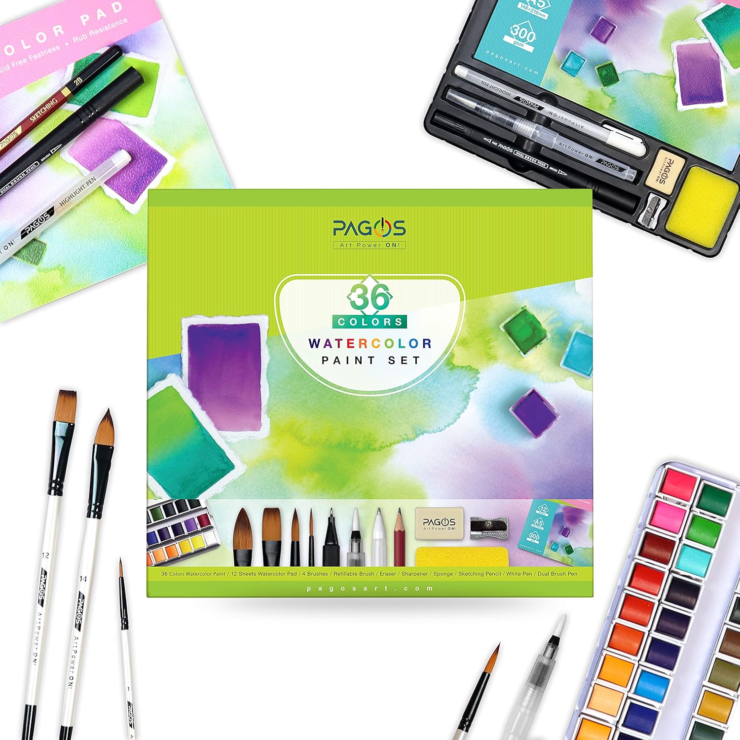 Sulu boya seti, profesyonel 36 sabit pigment boyama kutusu, yüksek pigmentasyon, sanatçılar, öğrenciler, yetişkinler için 12 sulu boya kağıdı