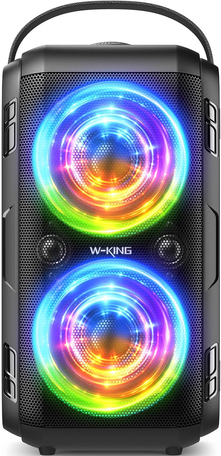 Bluetooth hoparlör, W-KING 80W taşınabilir kablosuz hoparlör kutusu müzik kutusu, güçlü bas, güçlü 105db ses, karışık renkli LED ışıkları, USB çalma, 24 saat çalma süresi