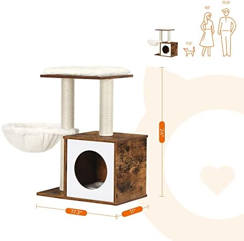 FEANDREA WoodyWonders Kediler için Küçük Kedi Ağacı, İç Mekan Kediler için Modern Kedi Kulesi, Tırmalama Direkli Kedi Evi, Çıkarılabilir Yıkanabilir Yastıklar, Rustik Kahverengi UPCT122X01
