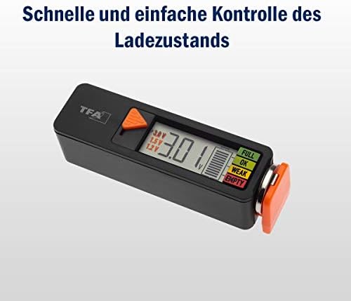 TFA Dostmann Pil test cihazı BatteryCheck, 98.1126.01, piller ve aküler için (AAA,AA,C, D), düğme pil, blok pil, şarj durumu/Volt göstergesi, kolay ve hızlı, siyah