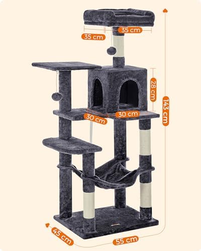 Feandrea PCT161G01 tırmalama ağacı, 143 cm yüksekliğinde, kedi ağacı, çok katlı kedi evi, 4 tırmalama sütunu, 2 platform, hamak, mağara, duman grisi