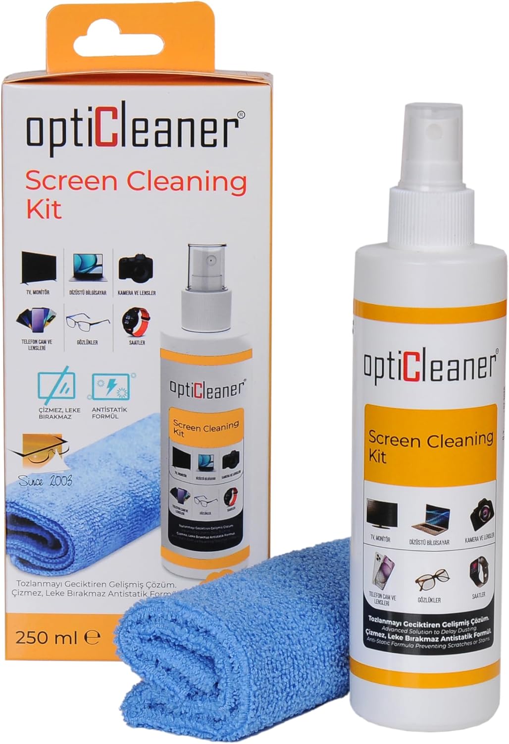 LCD Ekran Temizleme Seti – 250 ml Sprey + Özel Mikrofiber Bez | Bilgisayar, Laptop, Tablet, TV, Telefon, Yazıcı, Kamera & Gözlük İçin Antistatik, Çizmez ve Parlatıcı