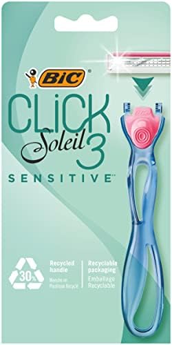 BIC Soleil Click Sensitive 1 Gövde & 2 Başlık Kadın Tıraş Bıçağı (3 Bıçak), Oynar Başlıklı, Aloe ile Zenginleştirilmiş Kayganlaştırıcı Jel Şerit