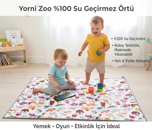 Yorni Su Geçirmez Yer/Masa Örtüsü, Aktivite, Yemek ve Oyun İçin, Doğa Dostu ve Çevreci, Çok Amaçlı Kullanım, Zoo Desenli, 150x150cm