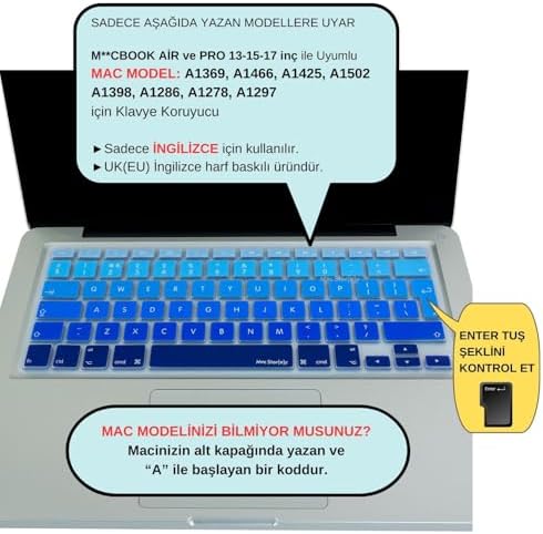 Alternative view of MacBook Klavye Koruyucu Uyumlu Silikon İnce Yıkanabilir Kaplama Film Avrupa İngilizce ters L Enter Air Pro Eski USB li Modeller 2008-2017 Uyumlu Lacivert Mavi