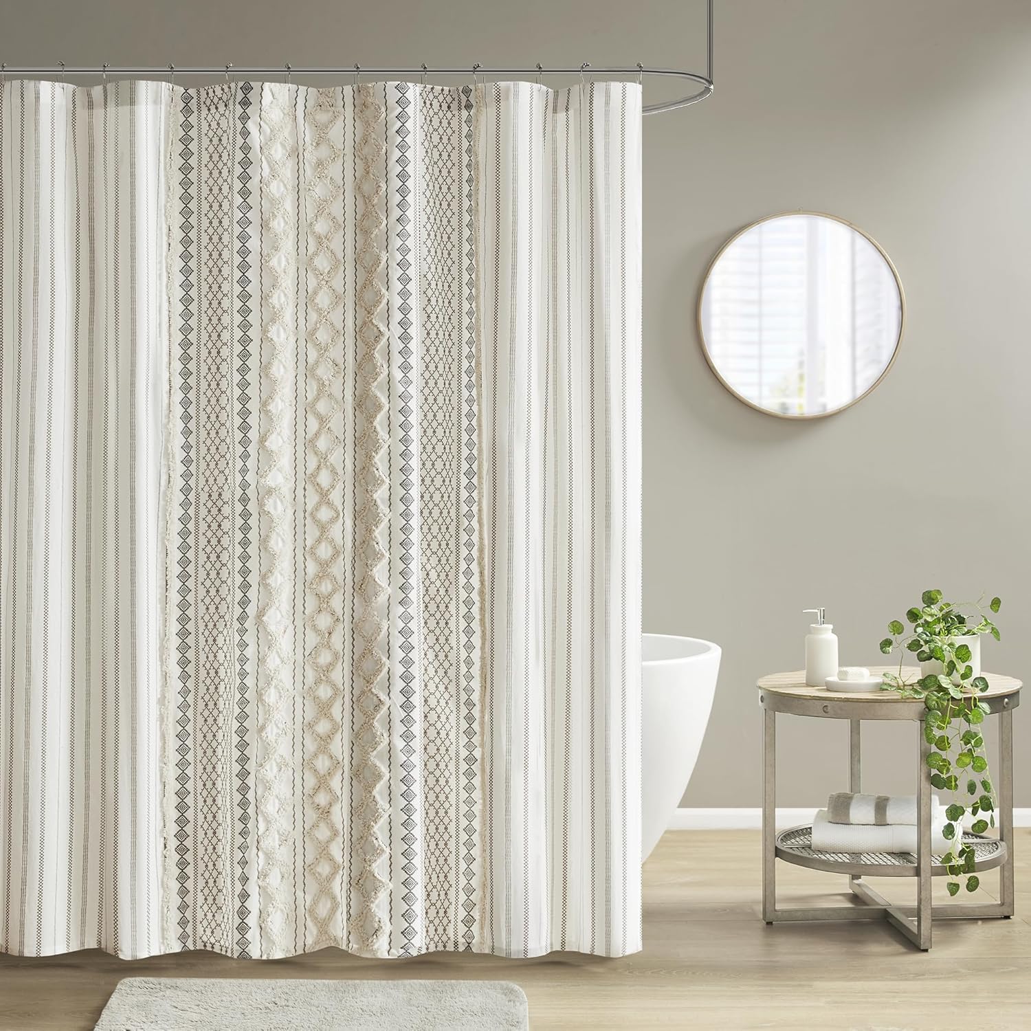 Alternative view of Imani Püsküllü Şönil%100 Pamuk Duş Perdeleri Makinede Yıkanabilir, Modern Ev Banyo Dekoru Küvet Gizlilik Ekranı, 182 cm x 183 cm, Fildişi