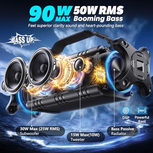 W-KING 90W Max Bluetooth Hoparlör, IPX6 Su Geçirmez Taşınabilir Hoparlörler Kablosuz Bluetooth, 50W Derin Bas Yüksek Açık Hoparlör, 40H Çalma Süresi/ Eşleştirme/TF Kart/AUX/NFC